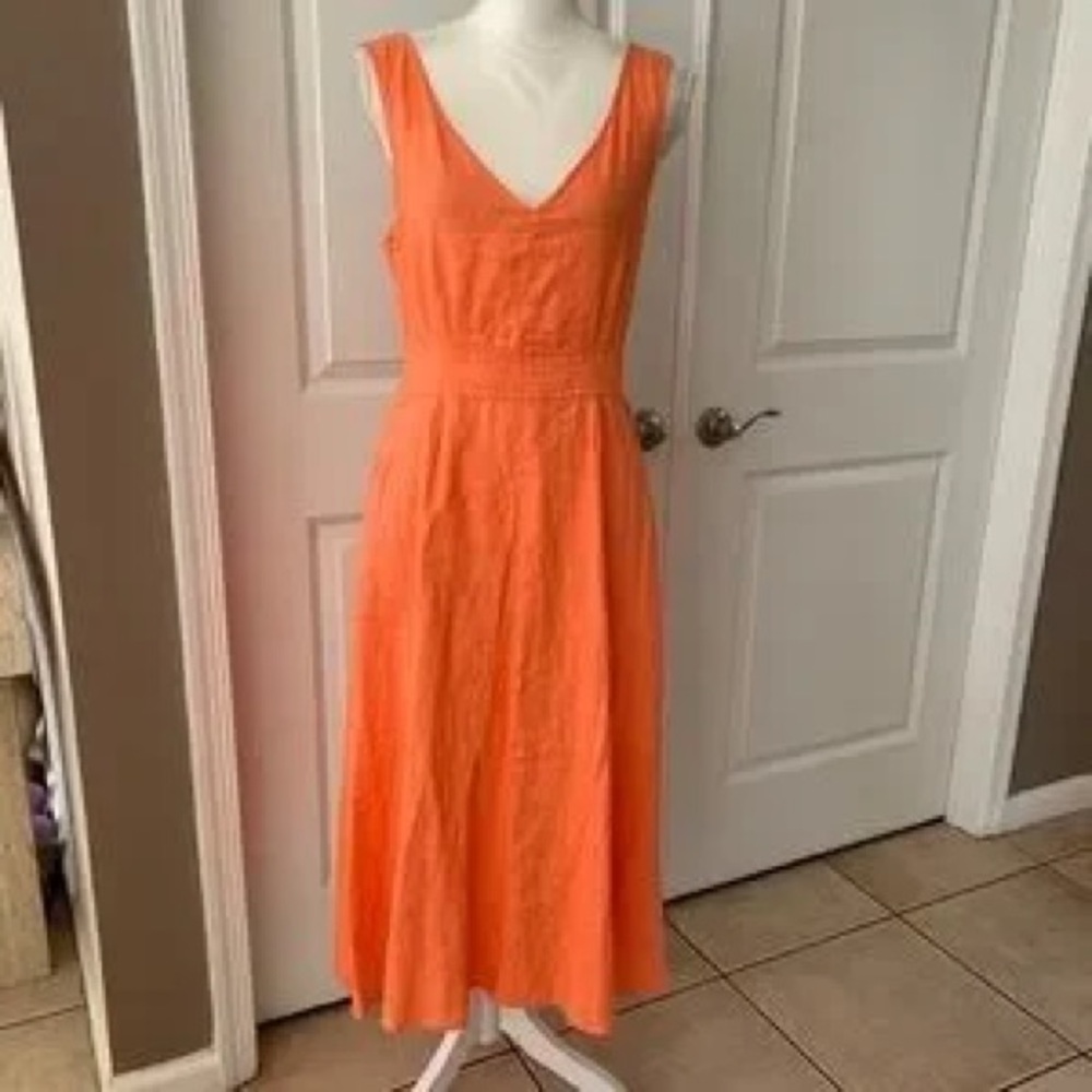 Joie Coral Orange 100% Linen Midi Dress Size 6